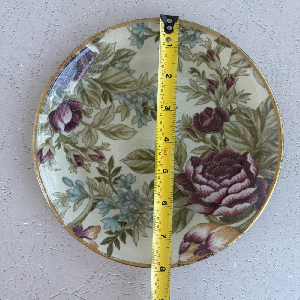 Vintage Signed Floral Decorative Plate Burgundy Roses Gold Rim 8 Inch - Picture 3 of 6